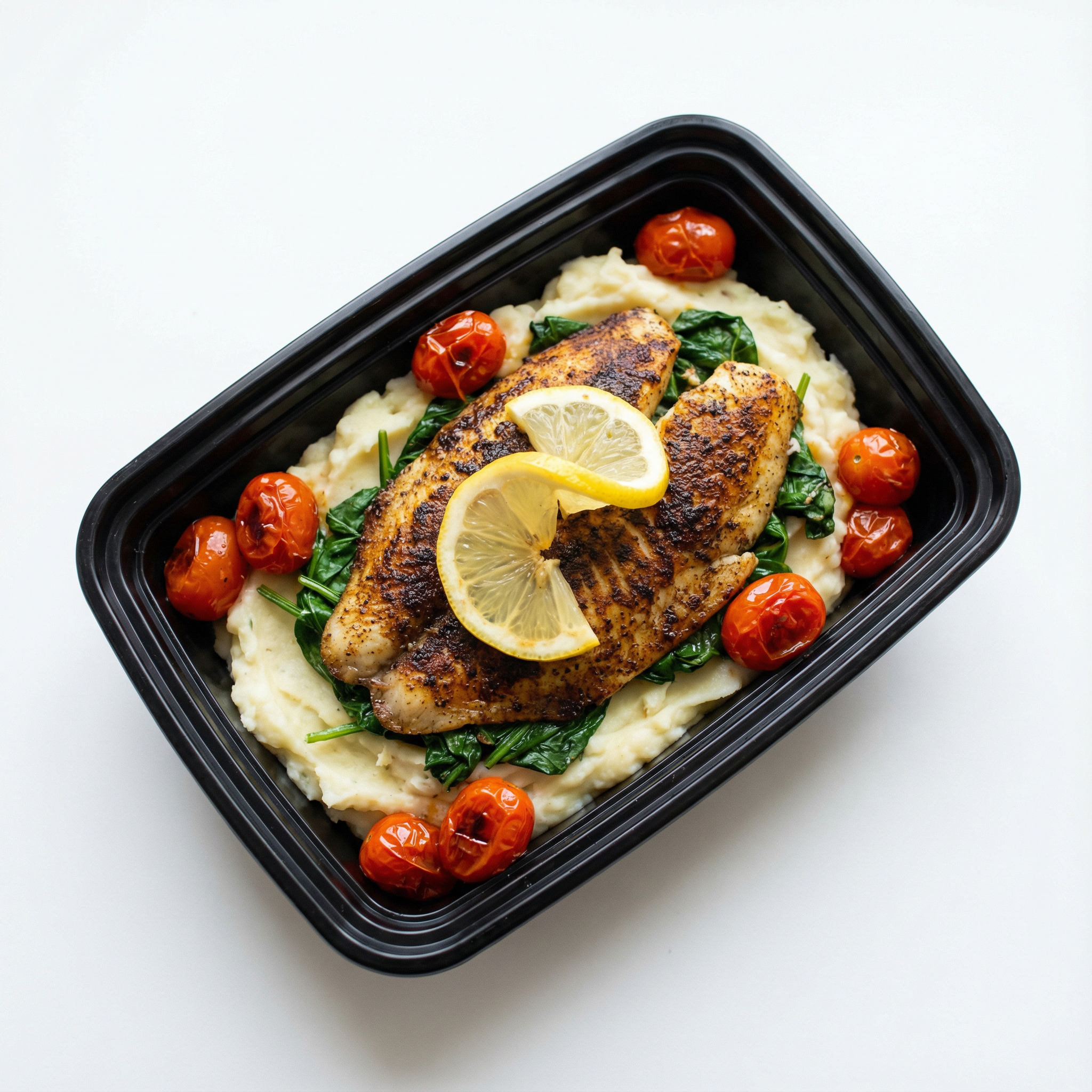 Blackened Lemon Tilapia over mash & spinach w/ cherry tomatoes, parsley (2 pcs)