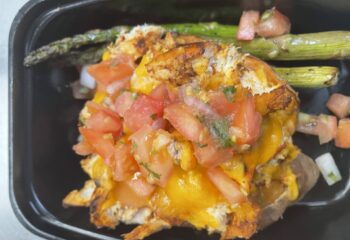 Loaded Shredded Chicken Sweet Potato w/ cheese, pico de gallo and a side of broccoli