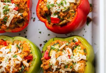 Vegan Stuffed Peppers w/ vegan beef, beans, cheese, tomato sauce (2)