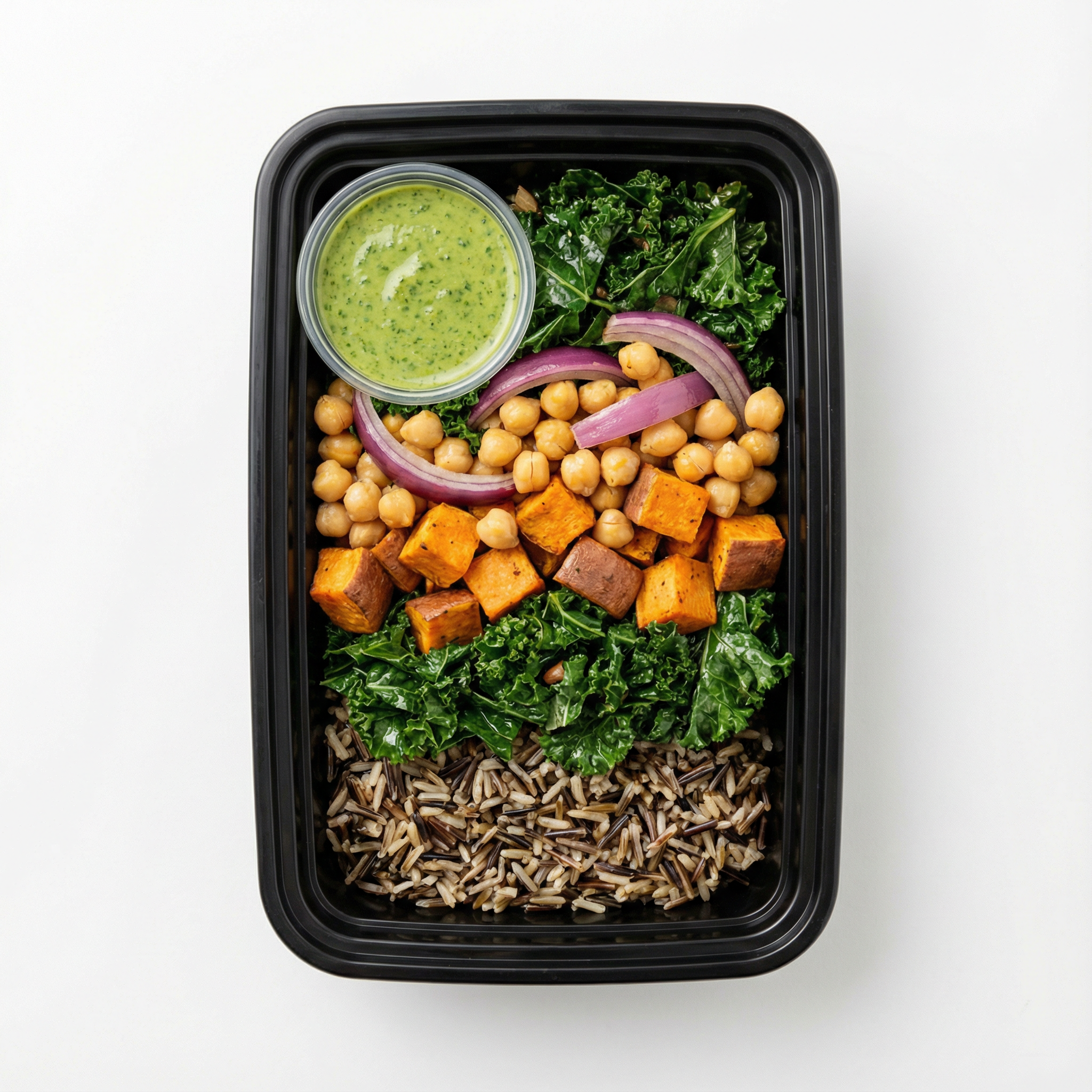 Vegan Power Bowl w/ wild rice , sauteed kale red onion, sweet potatoes, chickpeas,cilantro lime sauce