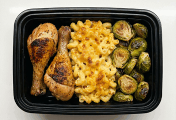 Brown Butter Chicken Legs w/ baked mac & Brussels