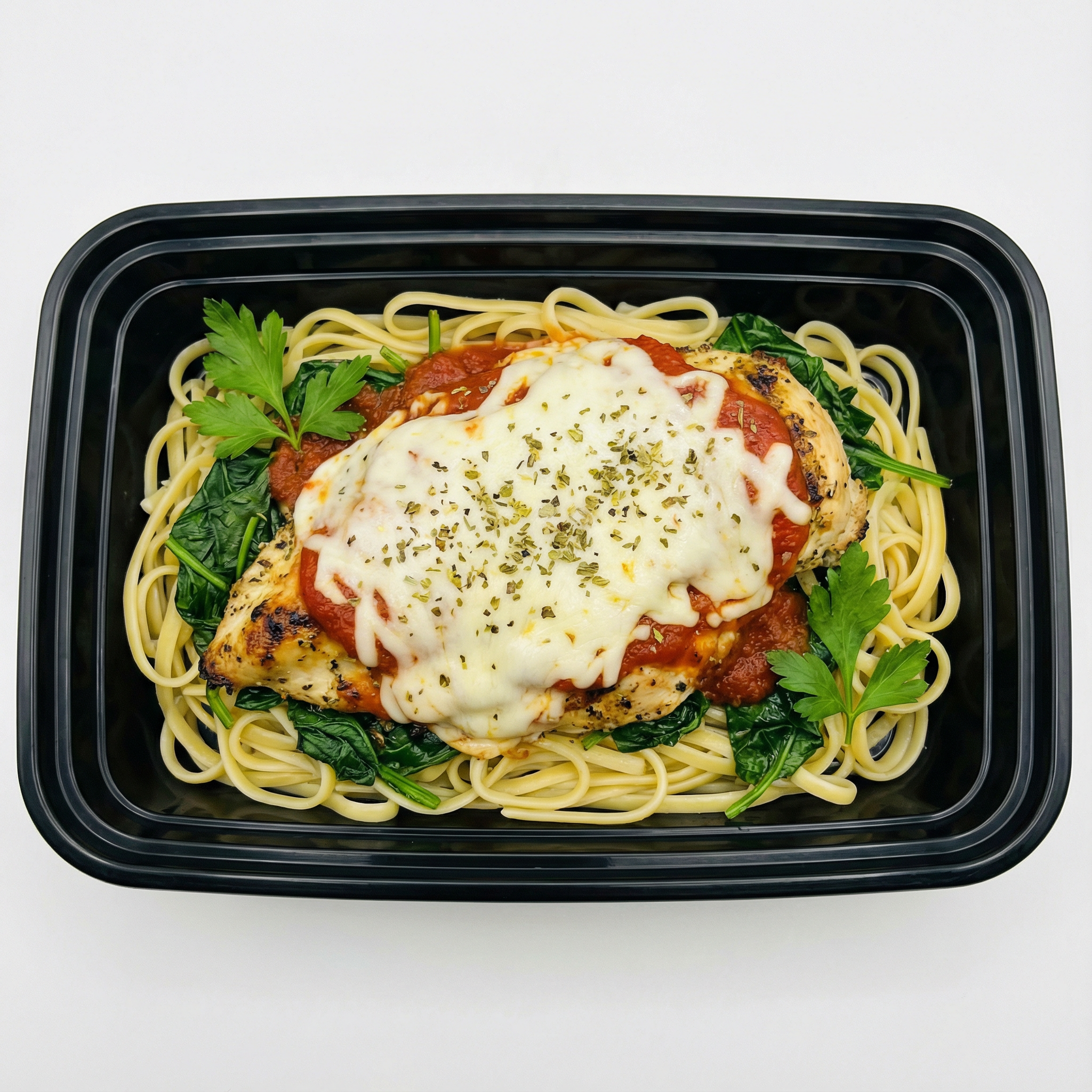 Chicken Parm Grilled w/ cheese, tomato sauce, oregano over linguine noodles & spinach, parsley