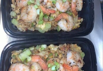 Cauliflower Shrimp Fried Rice w/ diced peppers, egg and green onion