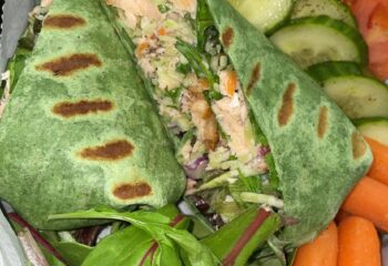 JERK CHICKEN Wrap w/raw spinach,cabbage, cilantro creme , peppers, SIDE of CUCUMBER/ CHERRY TOMATOES