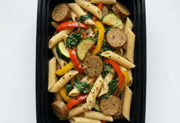 Chickpea Pasta w/ Field Vegan Sausage , zucchini, peppers, spinach & vegetable seasoning over penne