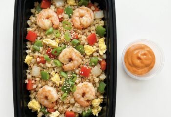 FRIED CAULIFLOWER RICE-SHRIMP w/ diced peppers, fried egg and green onion,sesame seeds, side of sriracha lemon sauce FRIED CAULIFLOWER RICE-SHRIMP w/ diced peppers, fried egg and green onion,sesame seeds, side of sriracha lemon sauce