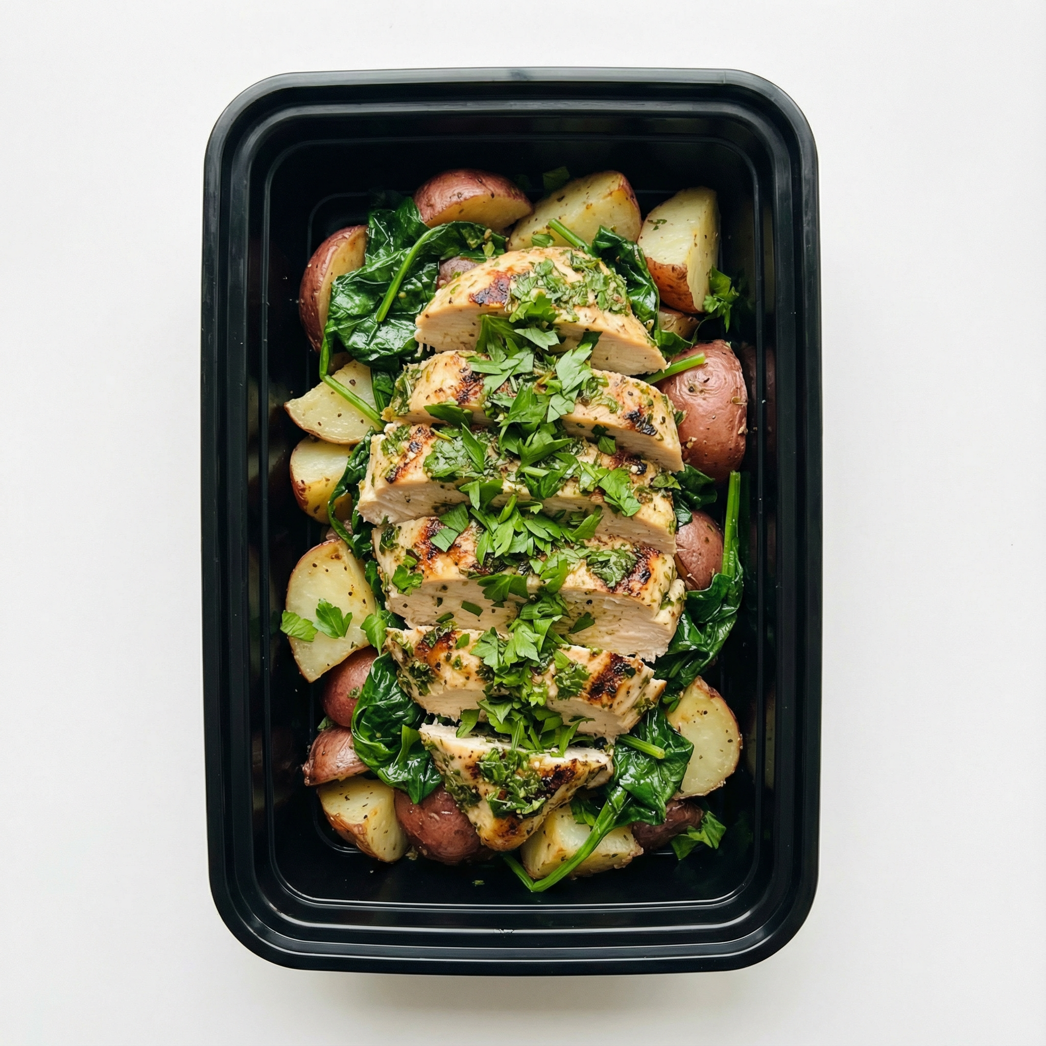 Chimichurri Chicken over red potatoes and spinach, topped w/ parsley