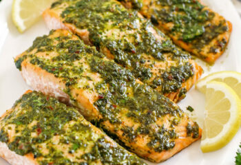 Chimichurri Salmon w/ yellow rice & veggie medley