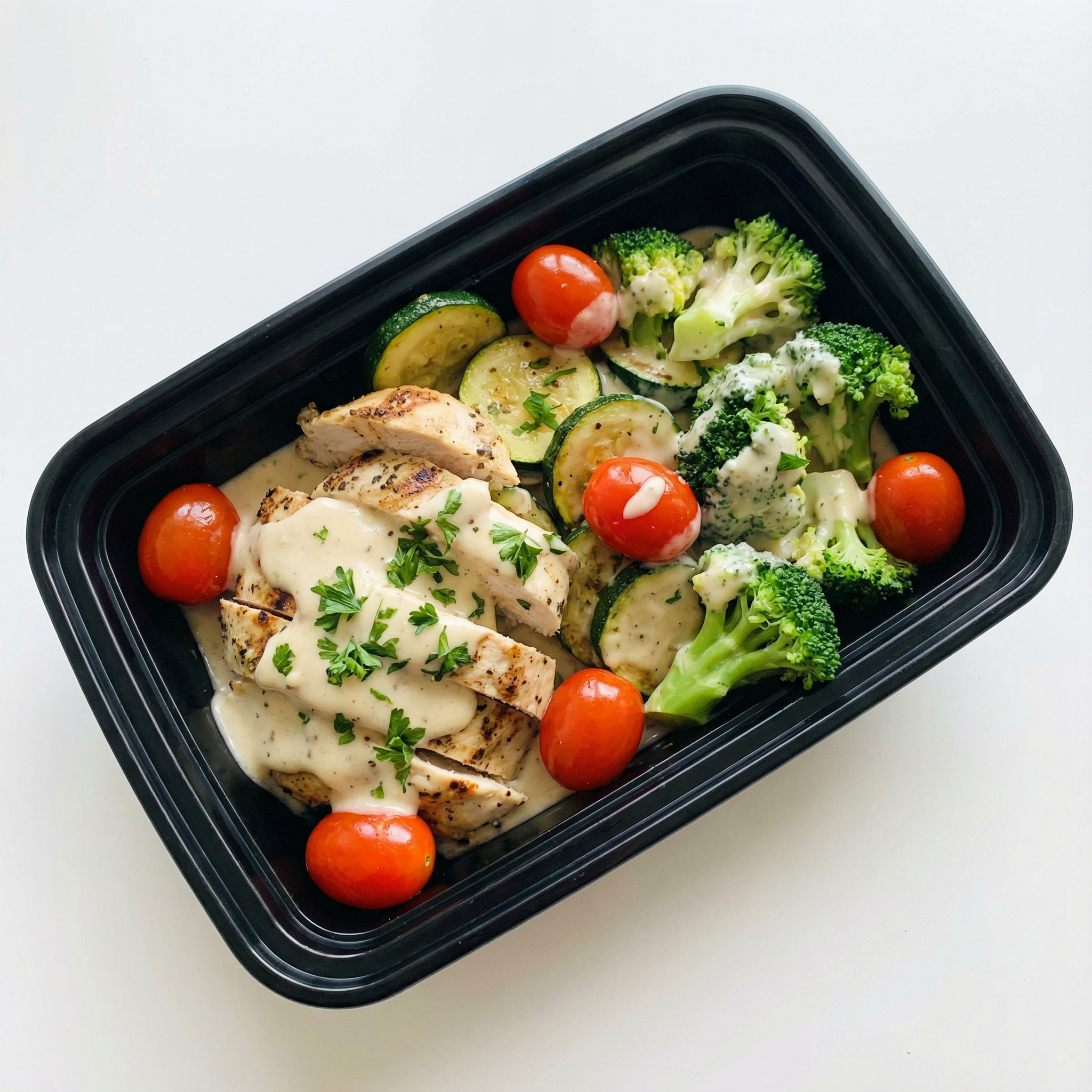 Chicken & Zucchini w/ cherry tomatoes, broccoli and alfredo sauce (no pasta), parsley