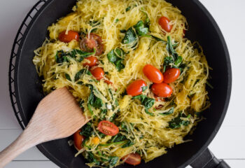 Vegan Squash Alfredo (spaghetti)w/ spinach, cherry tomatoes, sweet peppers, alfredo sauce