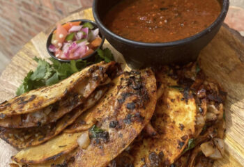 Vegan Birria Tacos w/ oyster mushrooms, cilantro, onion and consume