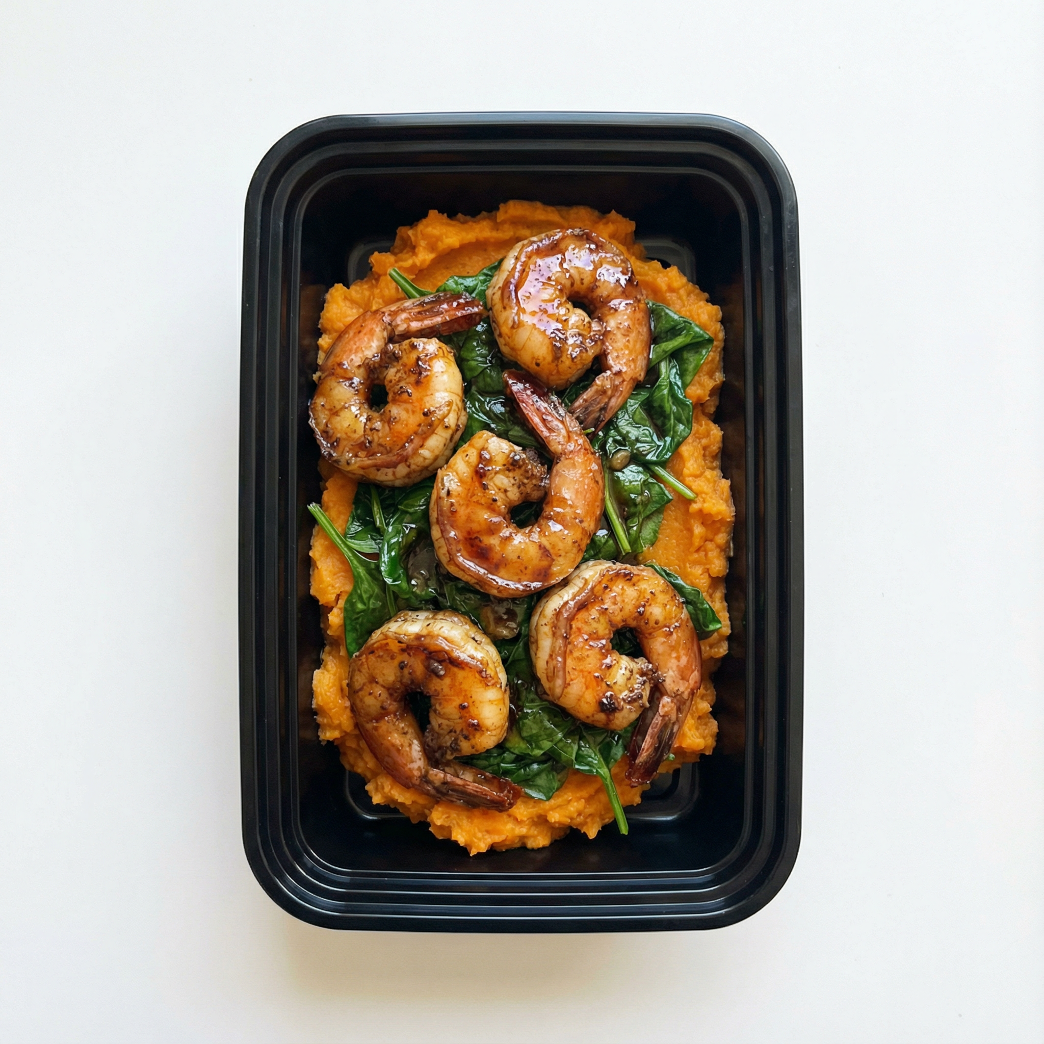 Jerk Shrimp tossed with agave over sweet potato mash & spinach