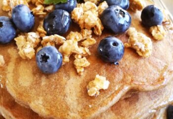 Blueberry Pancakes w/ granola w/ a side of agave