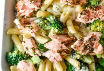 Lemon Salmon over garlic butter penne pasta w/ parm, cherry tomatoes & broccoli