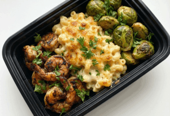 Jerk Shrimp w/ BAKED CAULIFLOWER MAC & Brussels, topped w/ parsley