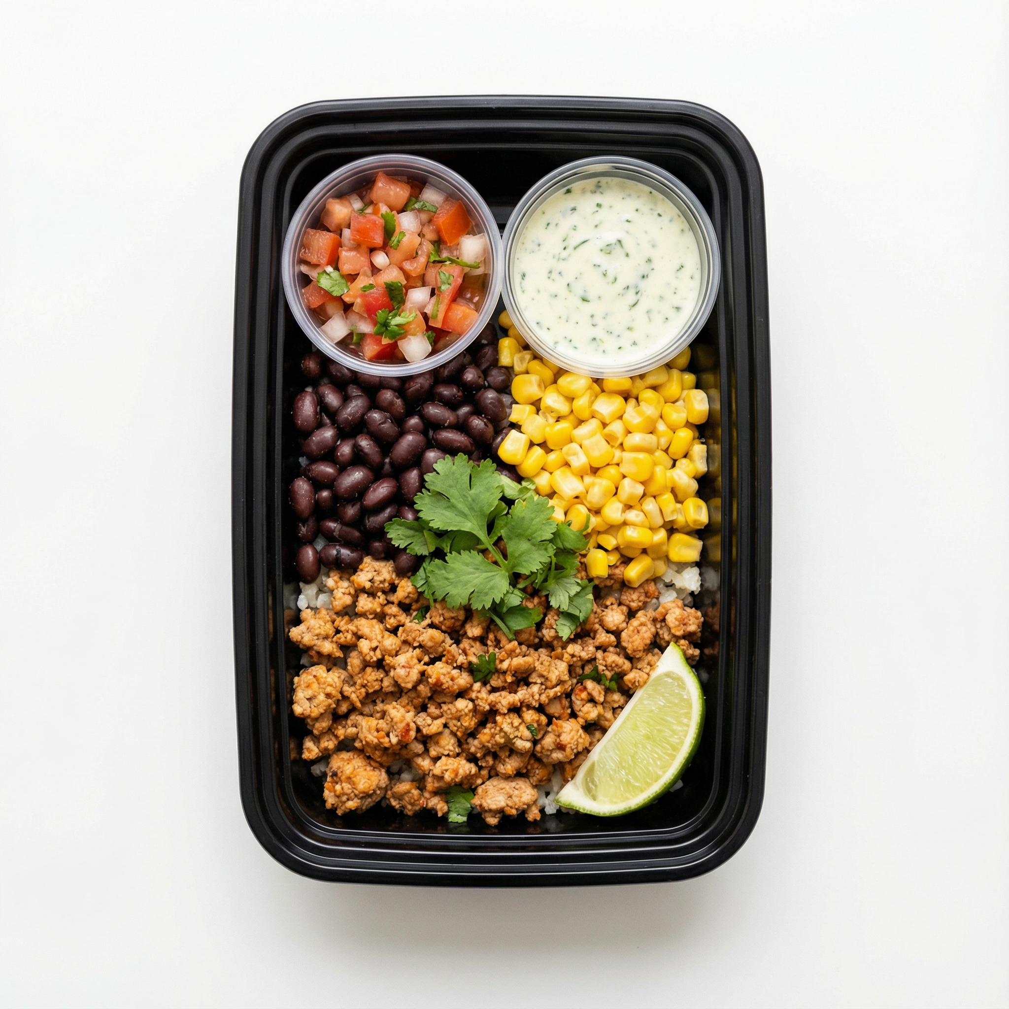 CAULIFLOWER RICE BURRITO BOWL-TURKEY / black beans, corn, pico de gallo, cilantro cream sauce,topped w/ cilantro, lime wedge