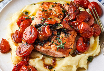 Chimichurri Salmon over mash and cherry tomatoes