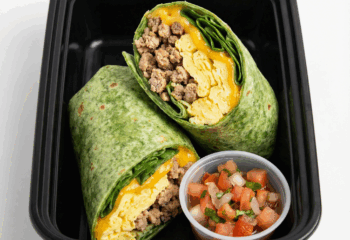 Burrito - Breaktfast w/ eggs , raw spinach, ground Turkey, cheese, side of pico de gallo