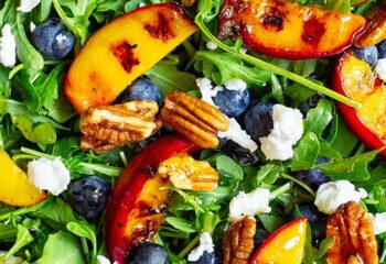 SALAD-Grilled Peach Salad w/ goat cheese, raw spinach, romaine, walnuts and almonds, caesar dressing