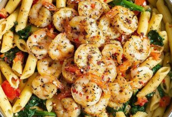 Shrimp Scampi Protein Penne Pasta w/ cherry tomatoes, plant based garlic butter, broccoli, topped with parm