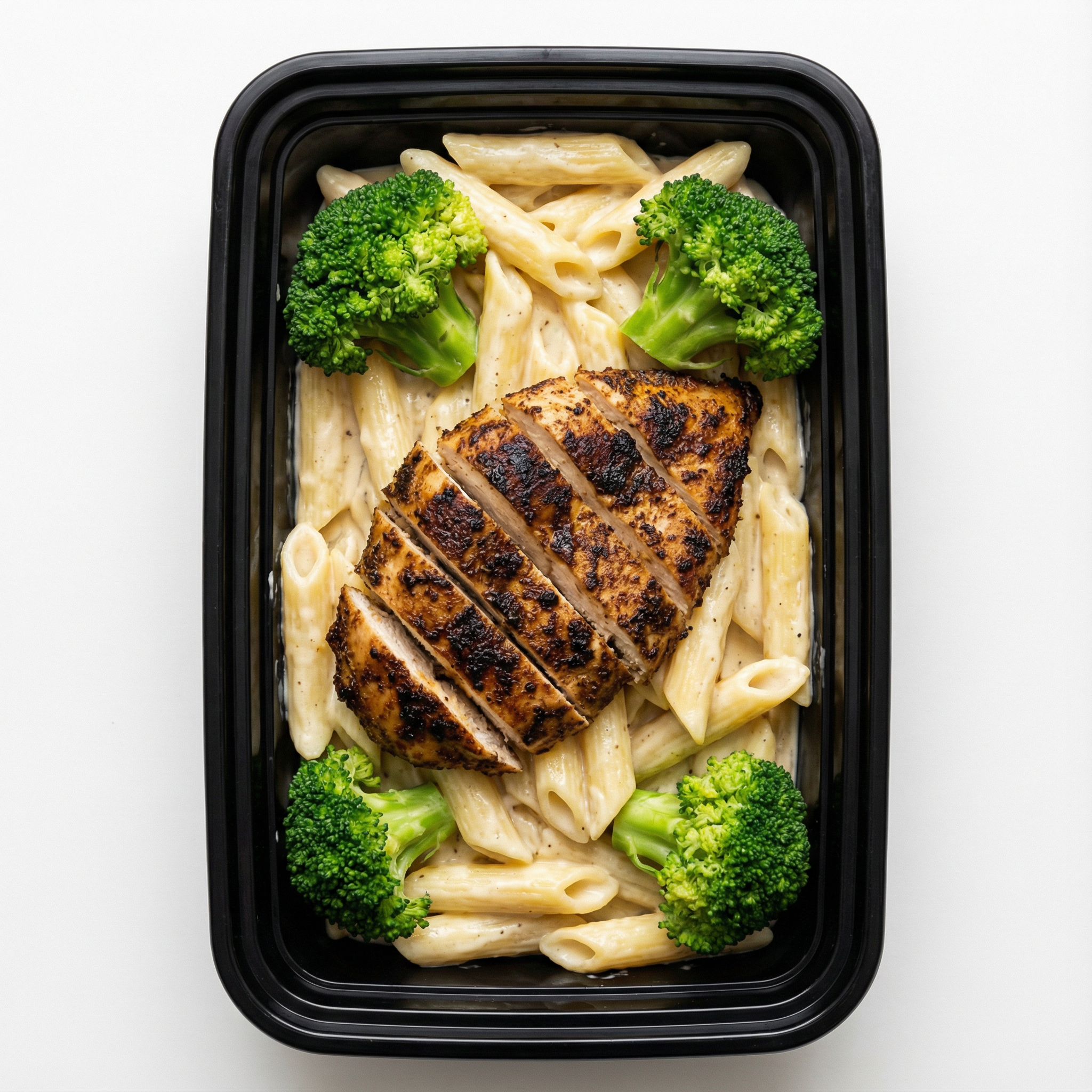 Jerk Chicken Alfredo over creamy penne pasta & broccoli