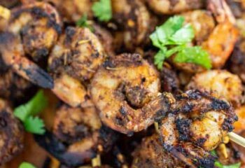 Jerk Shrimp Kebab w/ wild rice, spinach, peppers and onion (gluten free)