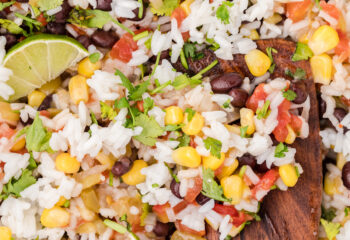 Shredded Lion's Mane Burrito Bowl w/ jasmine rice, beans, corn, sriracha mayo, pico de gallo, lime, cilantro