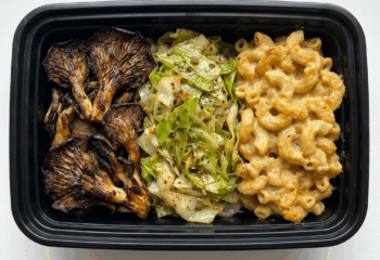 Charred Oyster Mushrooms, Seasoned Cabbage & Vegan Mac