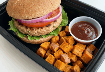 Turkey Burger w/ roasted sweet potatoes, lettuce, red onion, tomato, side of bbq sauce