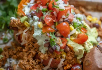 Whole Sweet Potato loaded w/ ground turkey, 4 shrimp, beans, corn, pico de gallo, cilantro creme, cilantro