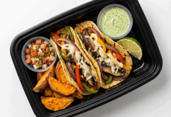 Veggie Tacos w/ vegan cheese, peppers onion, portobello (2) w/ roasted sweet potatoes, pico de gallo and cilantro cream sauce, lime