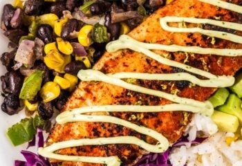 Blackened Tilapia BOWL w/ beans, corn, over jasmine rice, side of pico de gallo, cilantro creme, cilantro