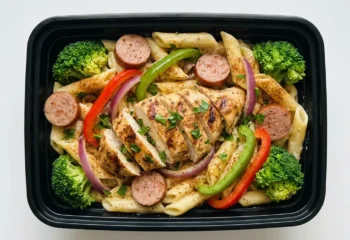 Cajun Chicken Penne Pasta w/ alfredo cream sauce, turkey sausage, broccoli, peppers and onion, cajun seasoning, parsley