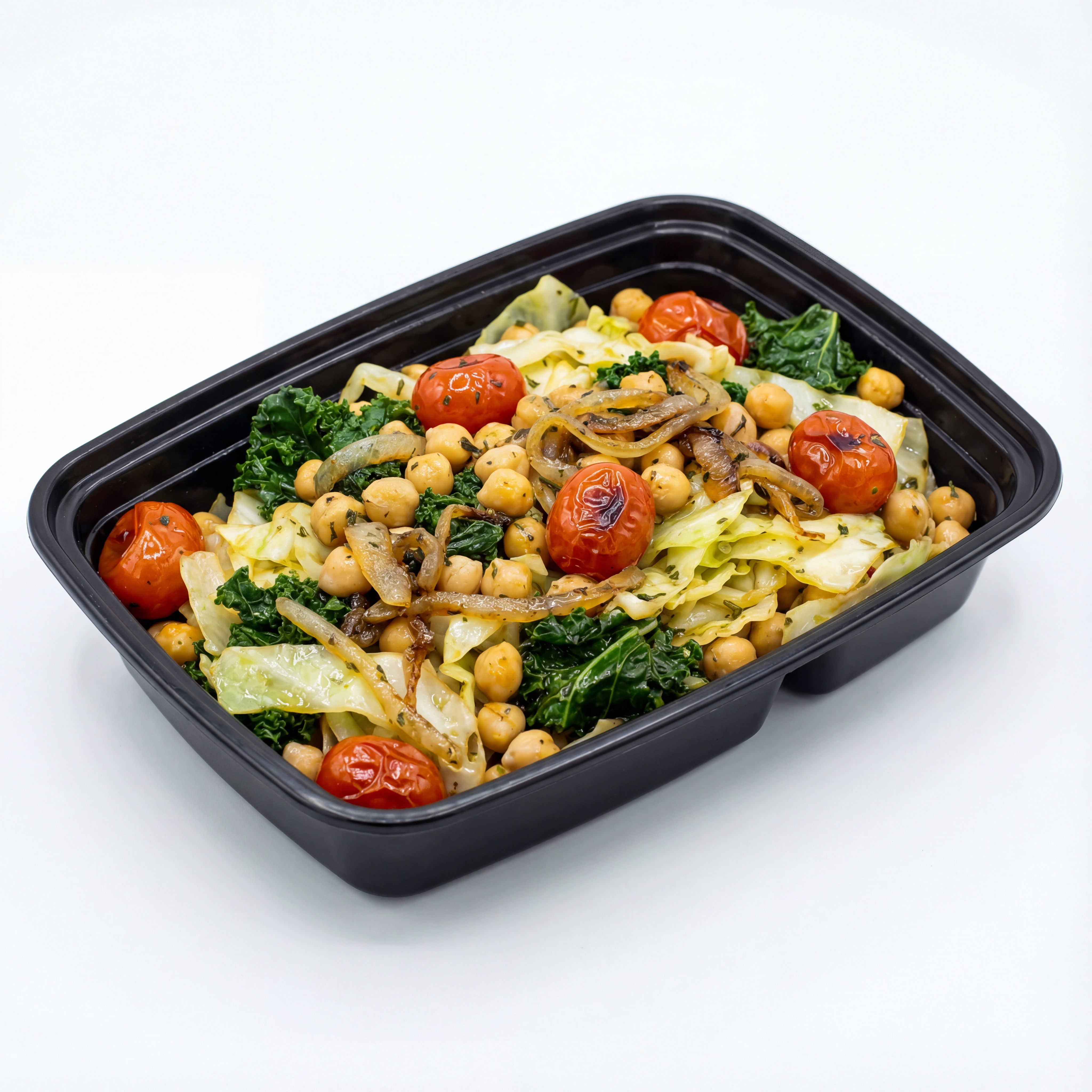 Sautéed Cabbage with Kale, Chickpeas, cherry tomatoes and onions