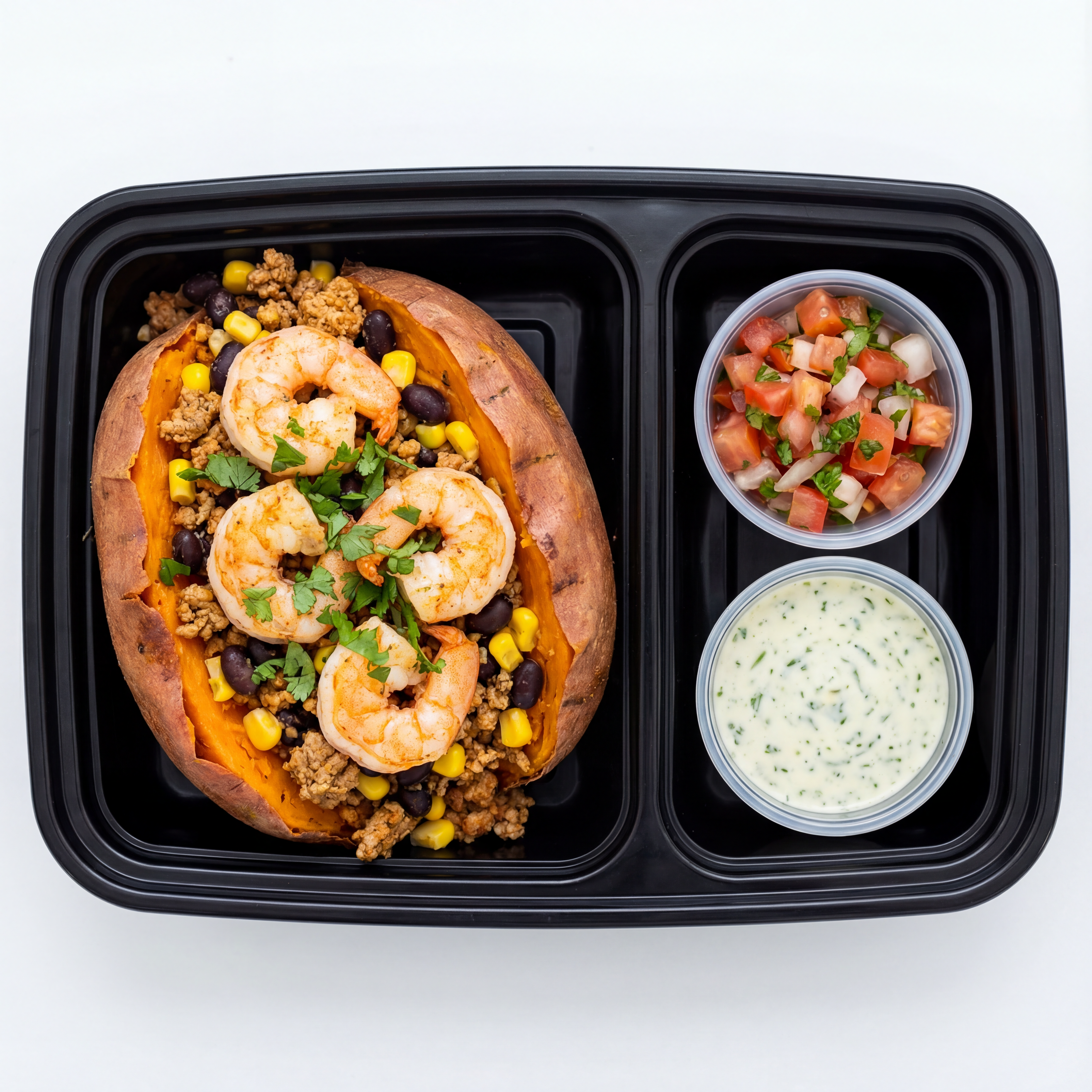 Whole Sweet Potato loaded w/ ground turkey, 4 shrimp, beans, corn, pico de gallo, cilantro creme, cilantro