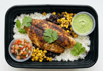 Blackened Tilapia BOWL w/ beans, corn, over jasmine rice, side of pico de gallo, cilantro creme, cilantro