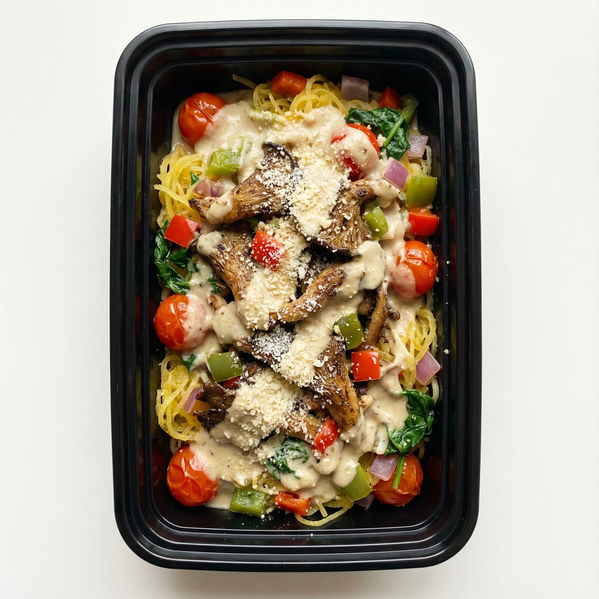Jerk Oyster Mushroom Spaghetti Squash w/ cherry tomatoes, spinach, peppers and onion topped with vegan alfredo and parm