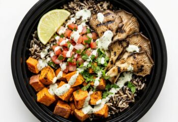 BOWL- Char Grilled Oyster Mushroom Bowl w/ wild rice, roasted sweet potatoes, pico de gallo, cilantro cream, lime