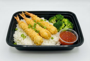Tempura Shrimp (4) over jasmine rice, broccoli, side of thai chili, topped with green onion Tempura Shrimp (4) over jasmine rice, broccoli, side of thai chili, topped with green onion